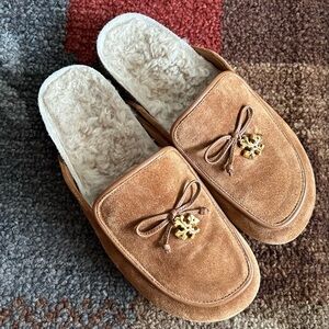 Tory Burch Tan Suede Mules with Gold Accent